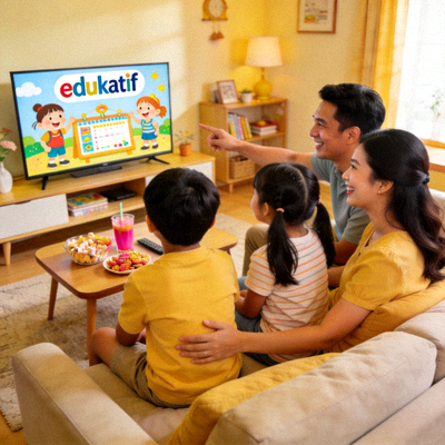 Keluarga menikmati waktu bersama dengan menonton konten edukatif di TV