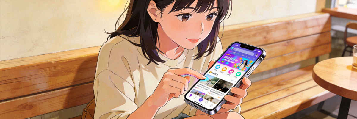 Ilustrasi seseorang menggunakan aplikasi mobile di smartphone untuk mengakses konten digital